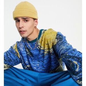 ASOS Design Mens Starry Night Van Gogh Knitted Sweater Blue Yellow Crew Neck XL